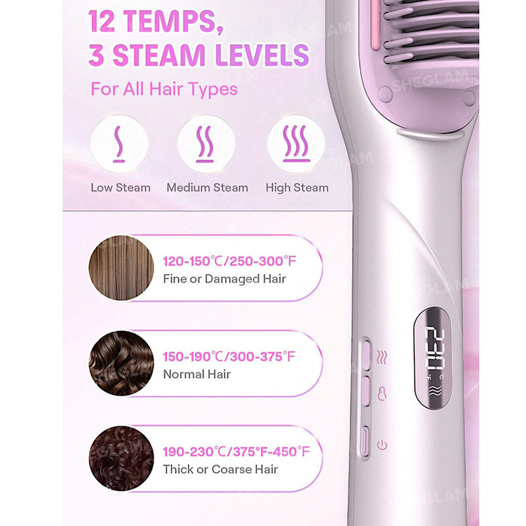 برس بخار شیگلم مدل Hydra Shot Steam Straightening Brush Pro | صافکننده حرفهای مو با فناوری بخار نانو